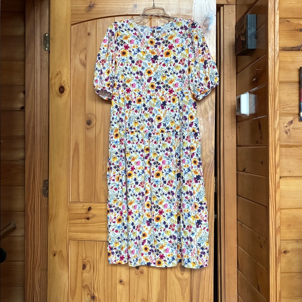 Old Navy White Midi Dress with Yellow, Pink & Purple Floral Print